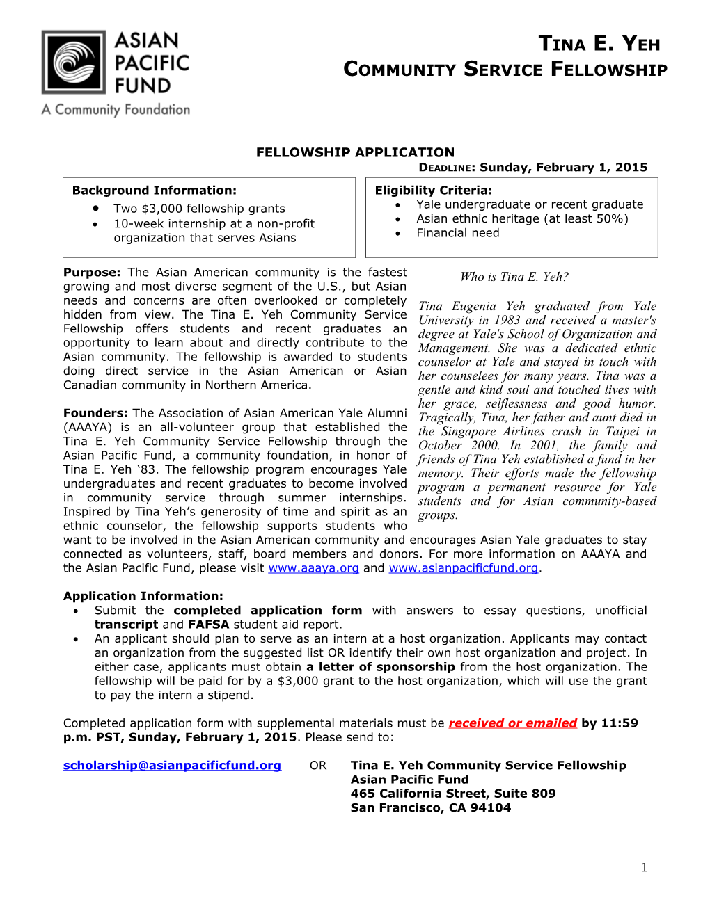 Yale Asian Community Service Fellowship Application 2011