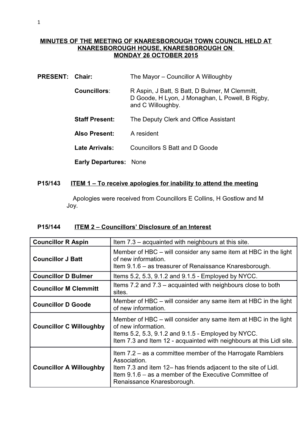 Minutes of the Meeting of Knaresborough Town Council Held at Knaresborough House, Knaresborough