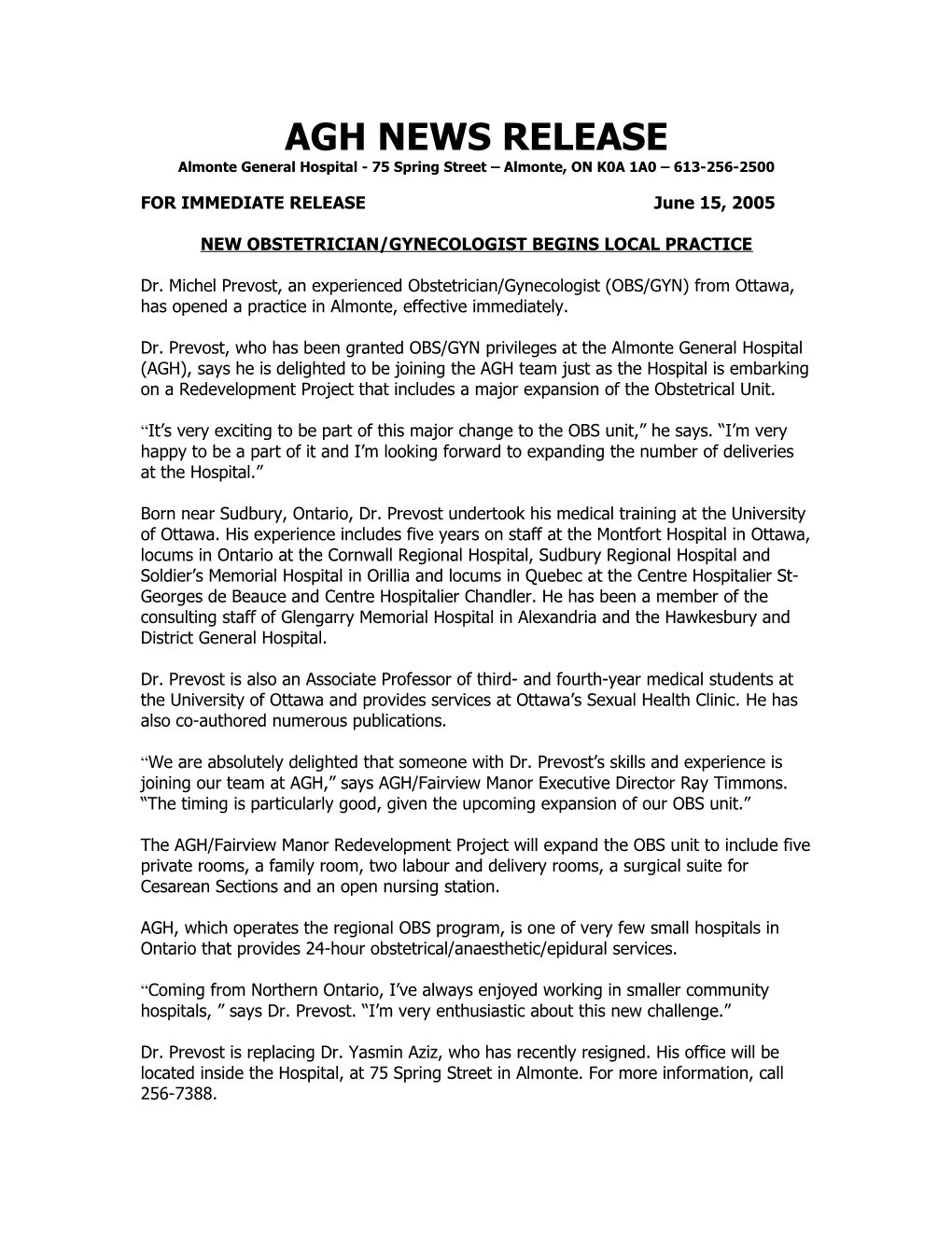 Agh News Release