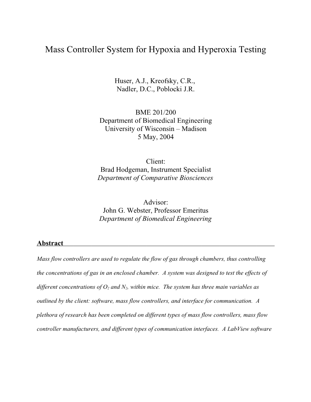 Mass Controller System for Hypoxia and Hyperoxia Testing