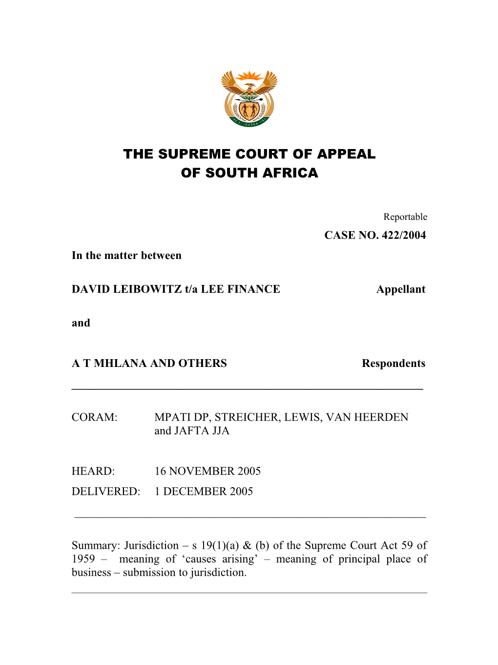 In the Supreme Court of Appeal of South Africa