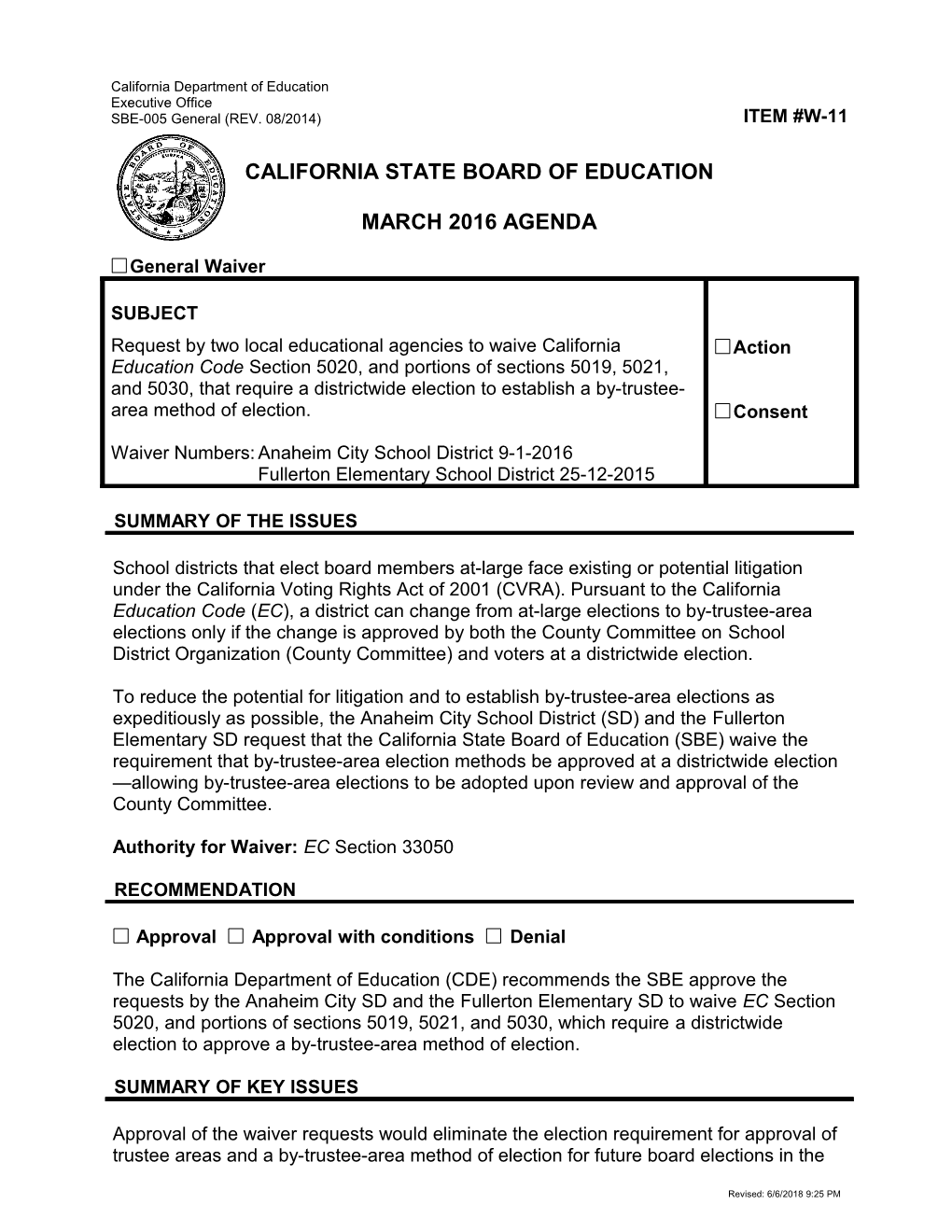 March 2016 Waiver Item W-11 - Meeting Agendas (CA State Board of Education)