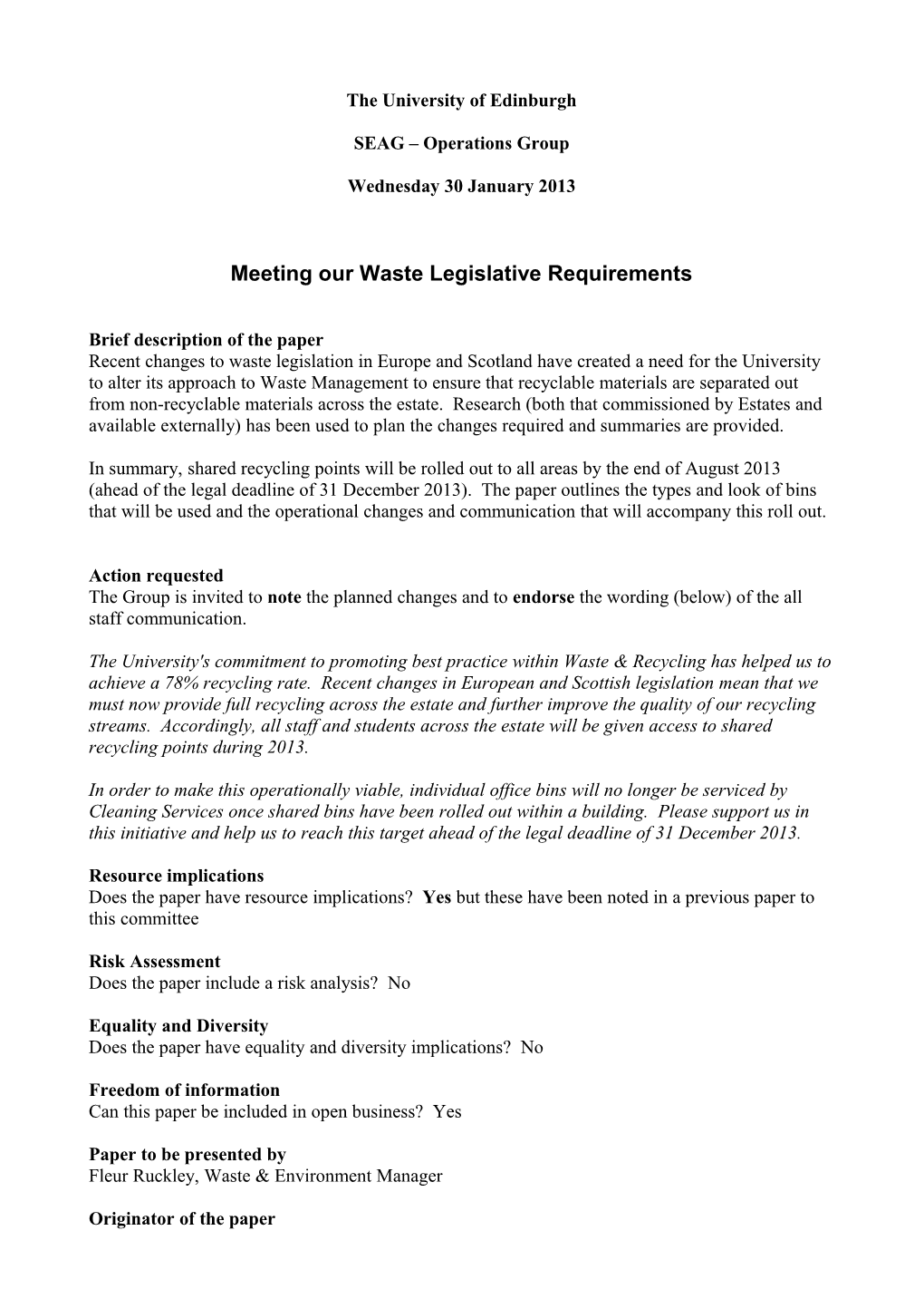 Meeting Our Waste Legislative Requirements