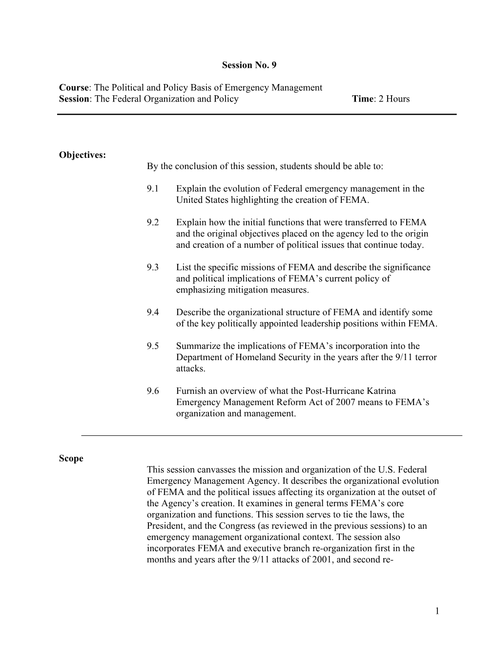 Course: the Political and Policy Basis of Emergency Management