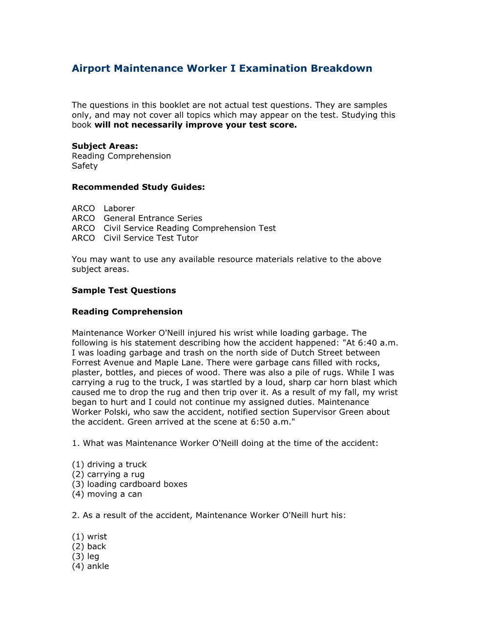 Airport Maintenance Worker I Examination Breakdown