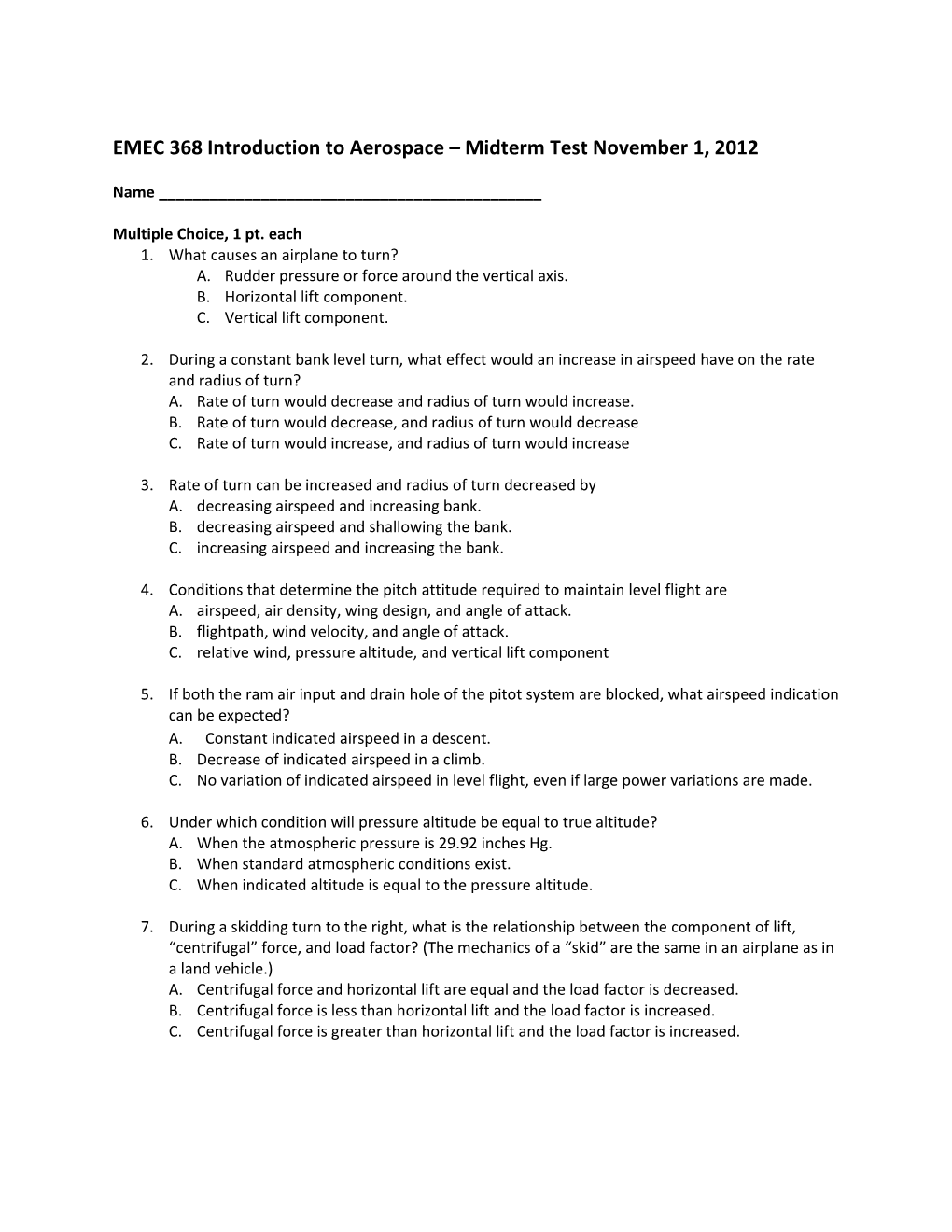 EMEC 368 Introduction to Aerospace Midterm Test November 1, 2012