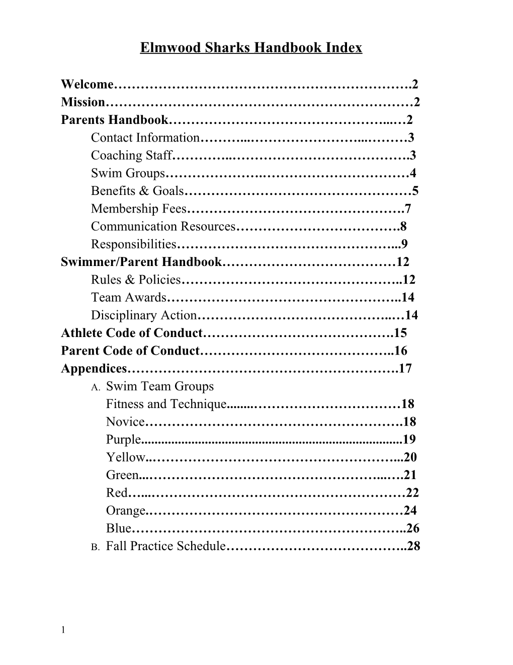 Elmwood Sharks Handbook Index