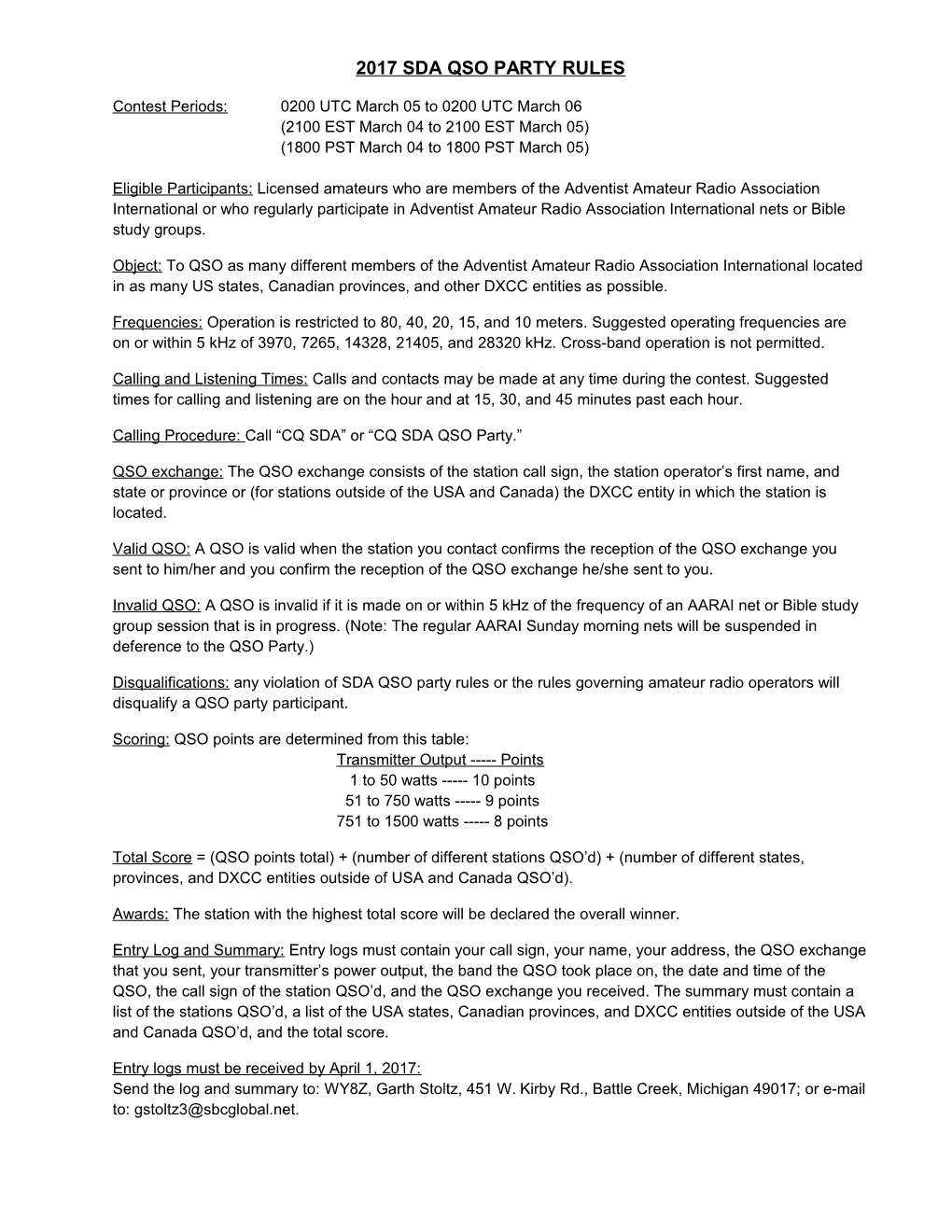 2017 Sda Qso Party Rules