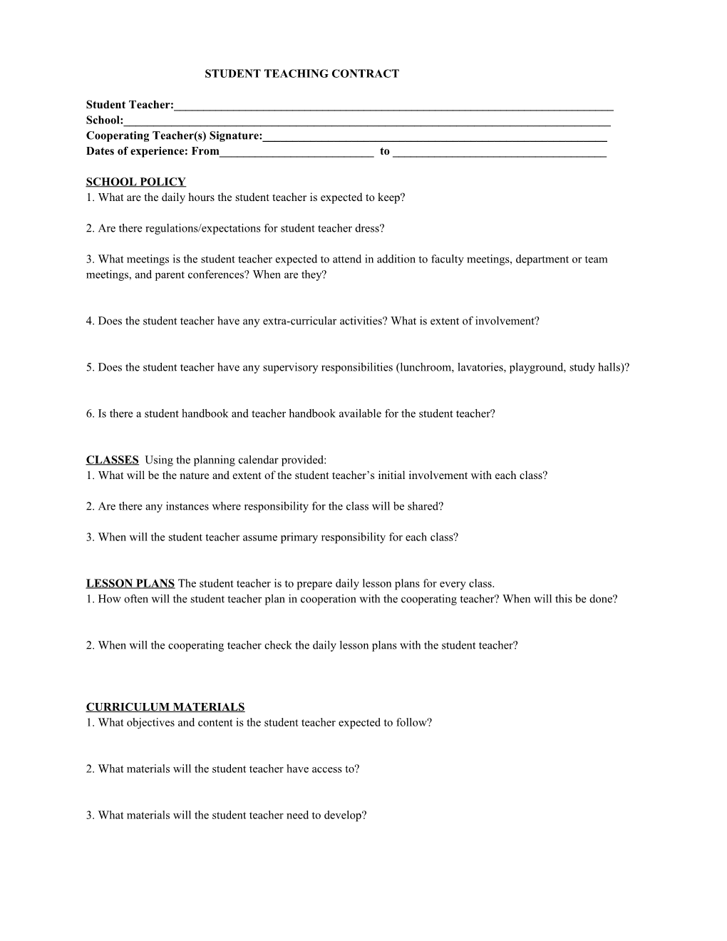 Student Teaching Contract