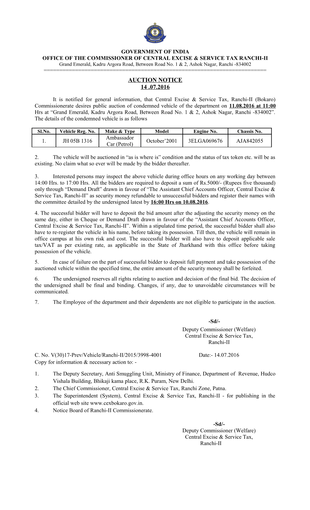 Office of the Commissioner of Central Excise & Service Tax Ranchi-Ii