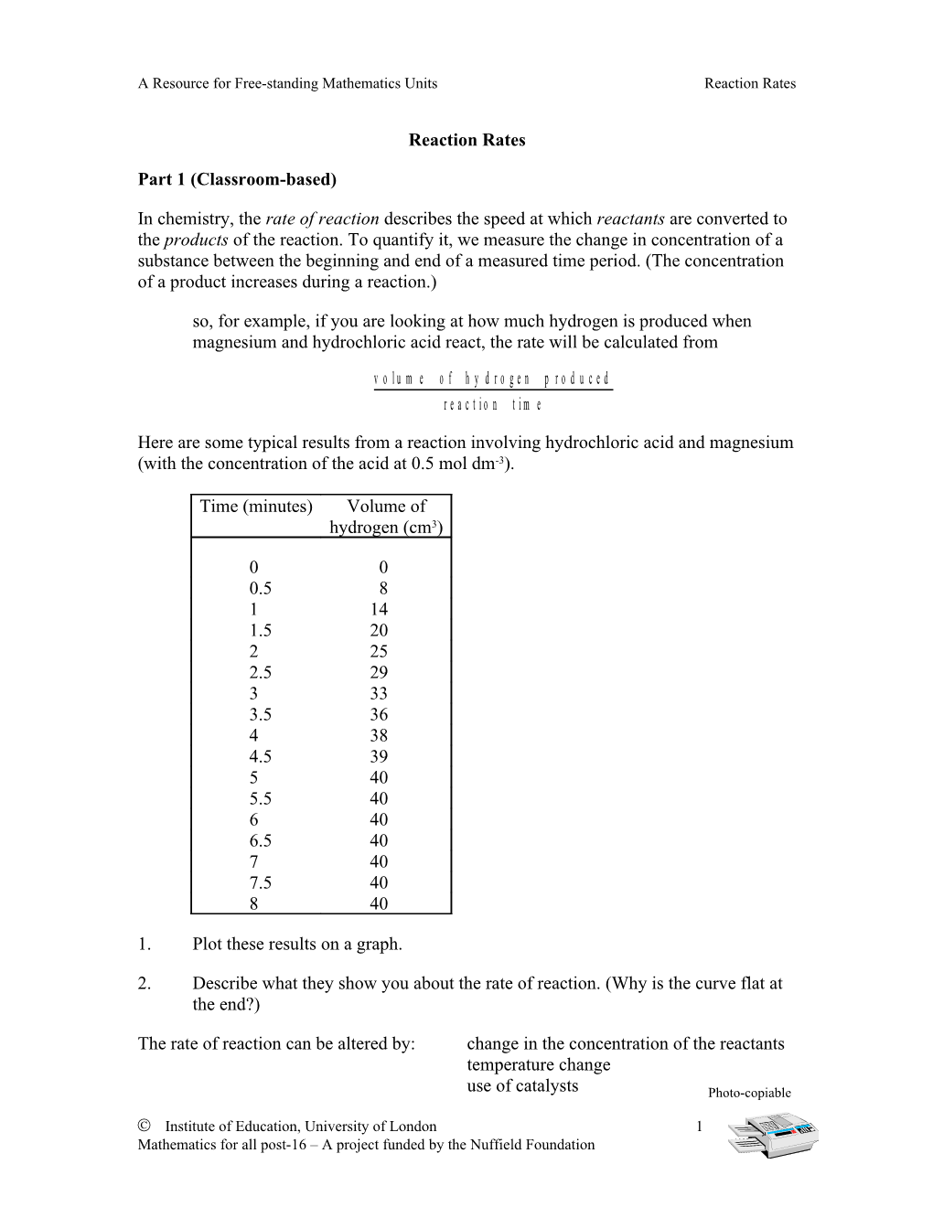 A Resource for Free-Standing Mathematics Units Reaction Rates