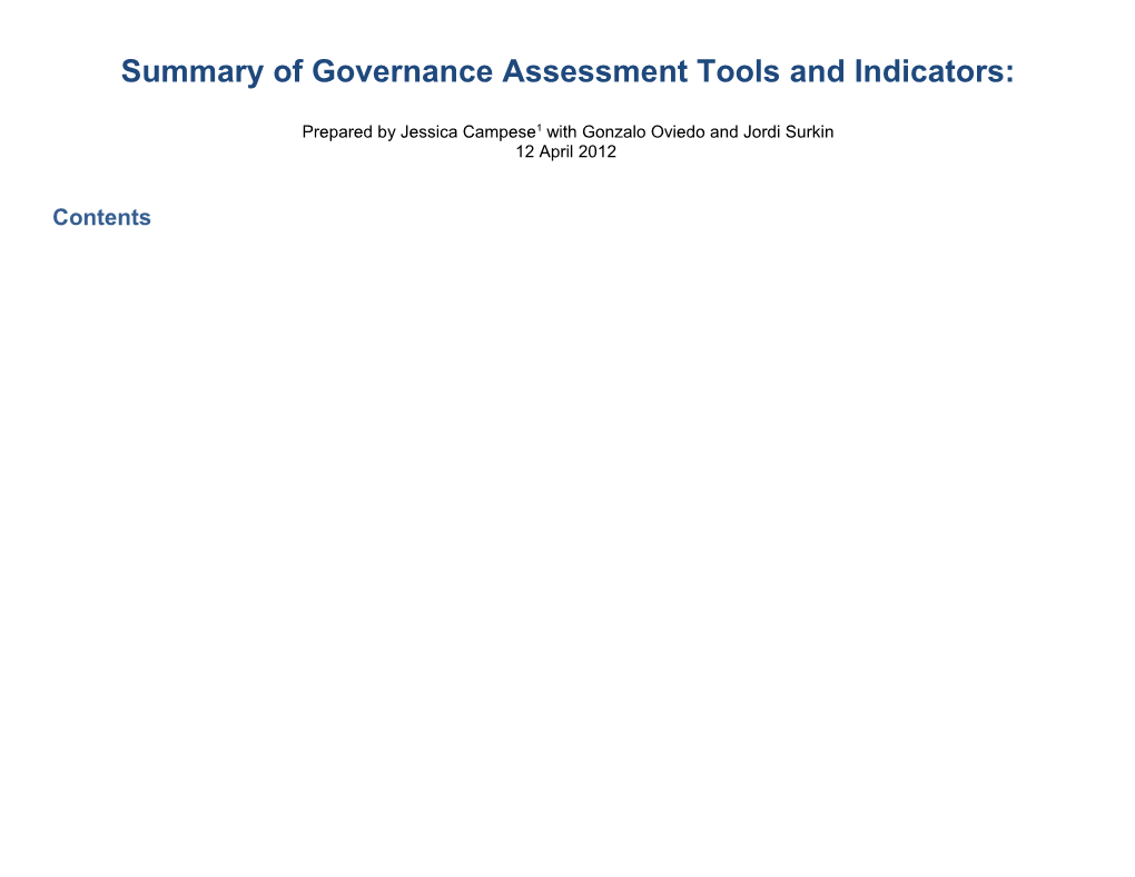 Summary of Governance Assessment Tools and Indicators