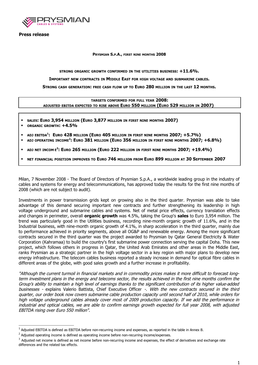 Prysmian S.P.A., First Nine Months 2008