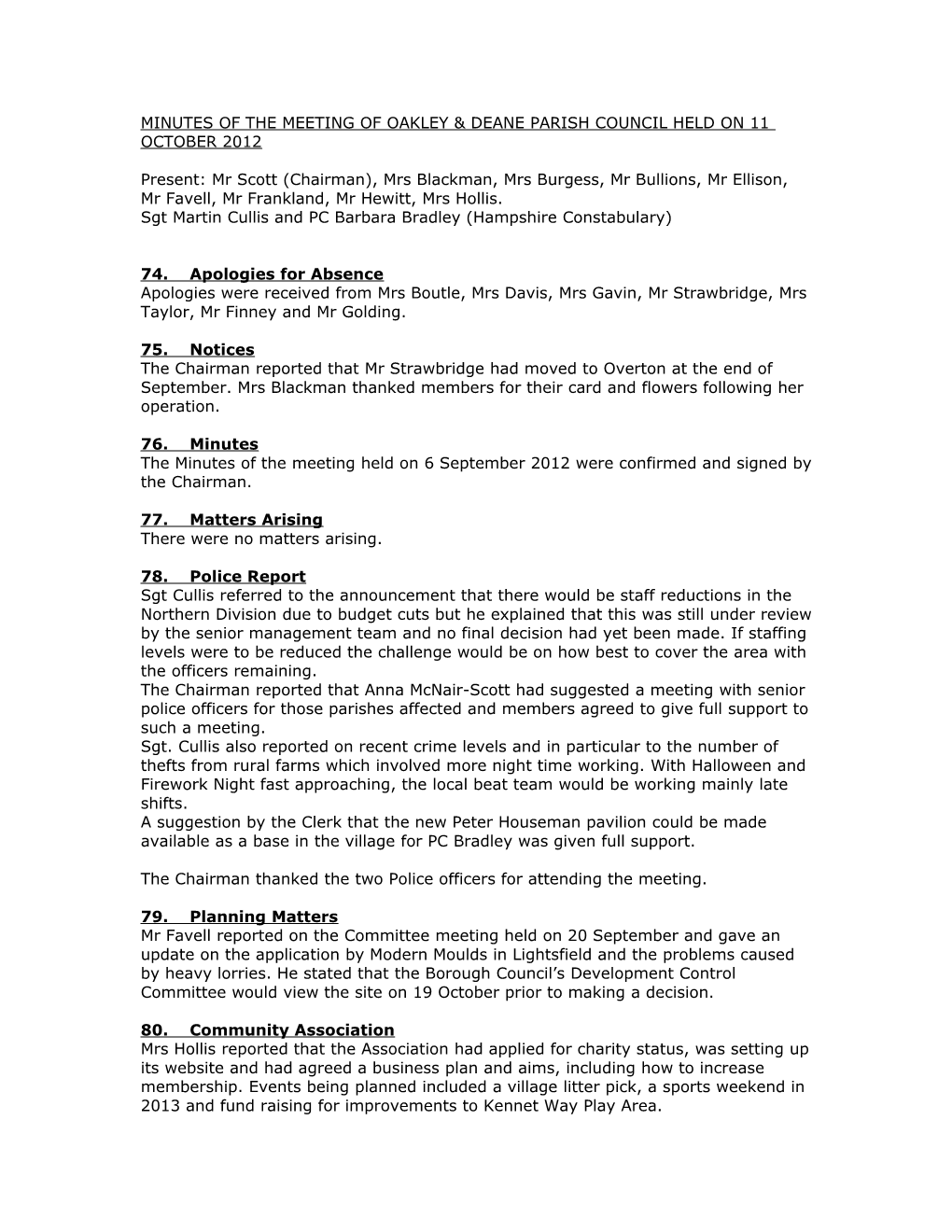 Minutes of the Meeting of Oakley & Deane Parish Council Held on the 12Th November 1998