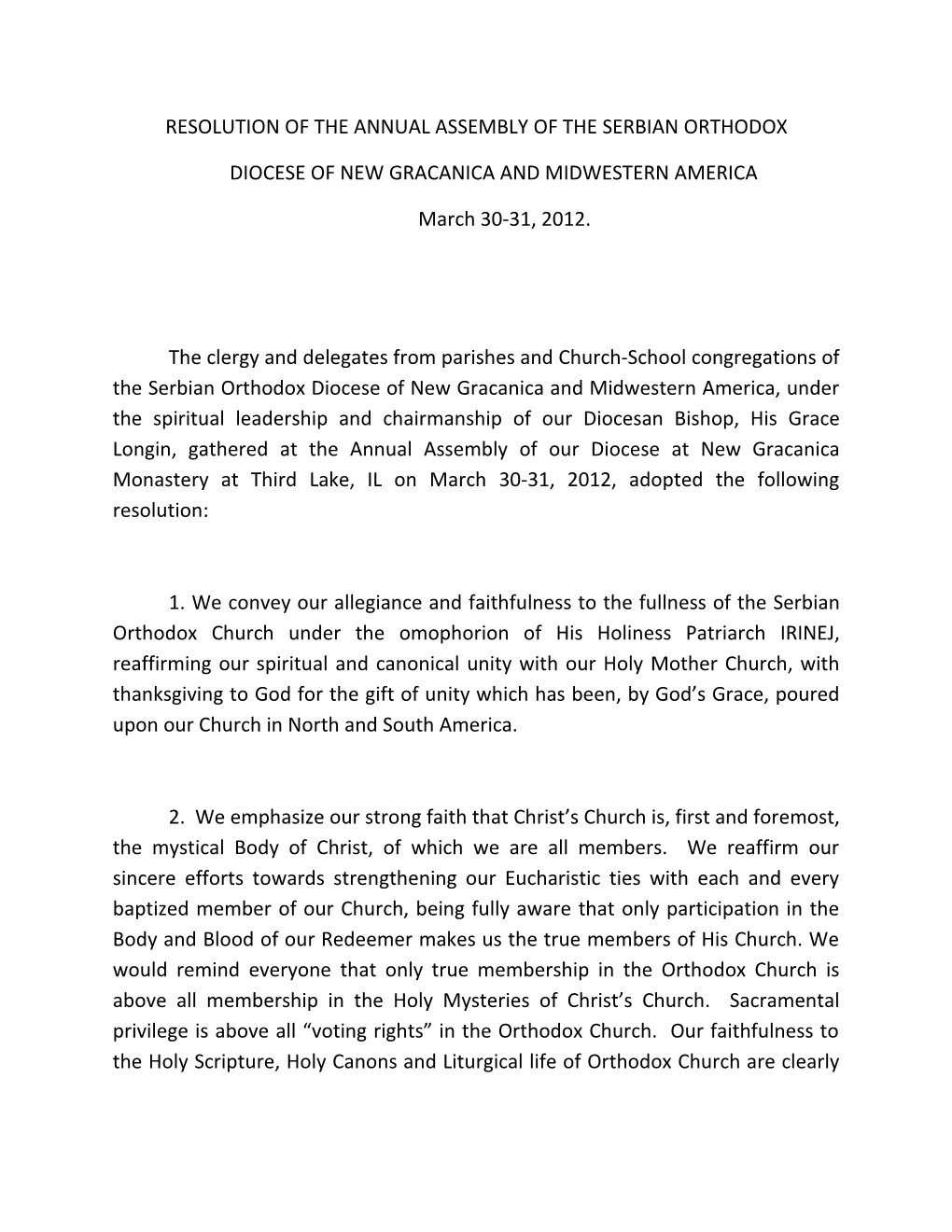Resolution of the Annual Assembly of the Serbian Orthodox