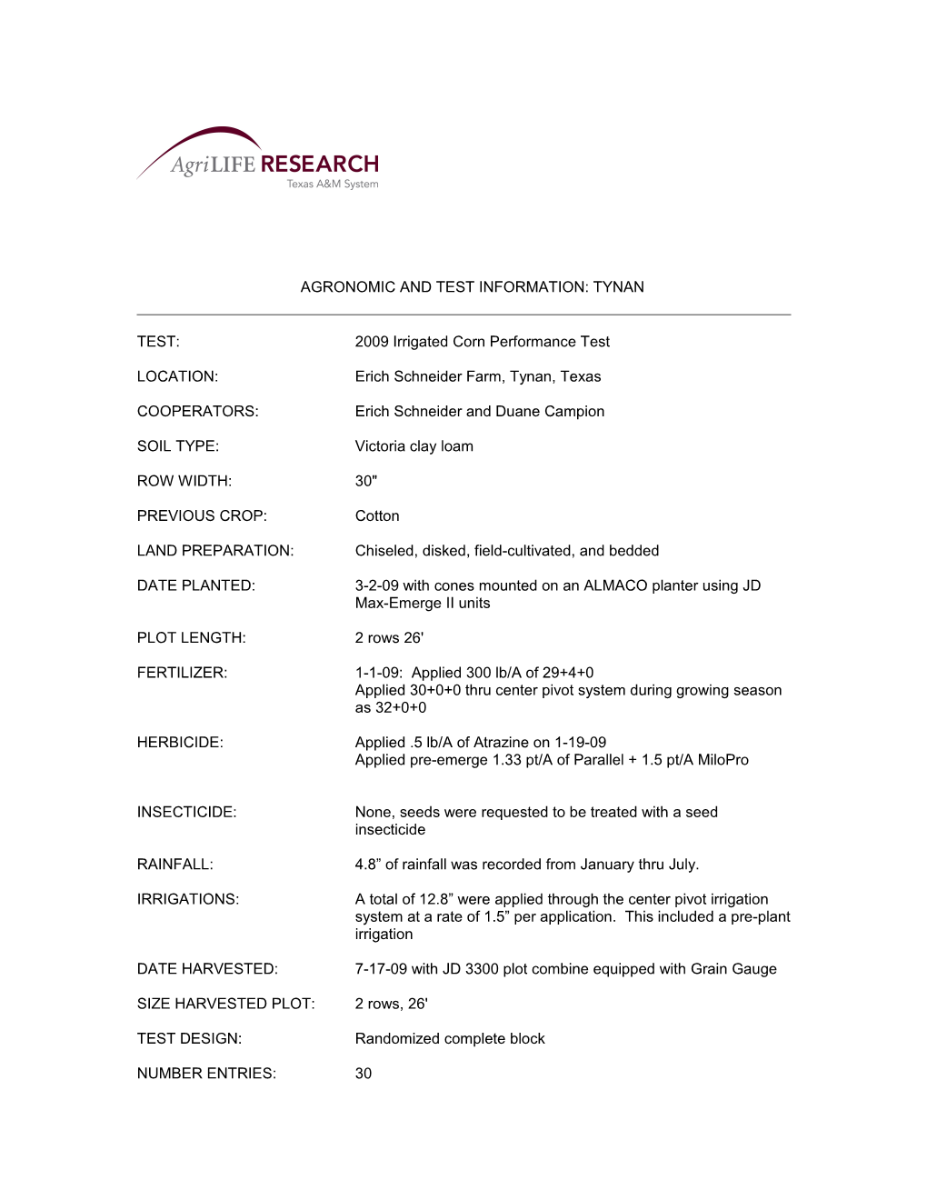 Agronomic and Test Information: Weslaco s1