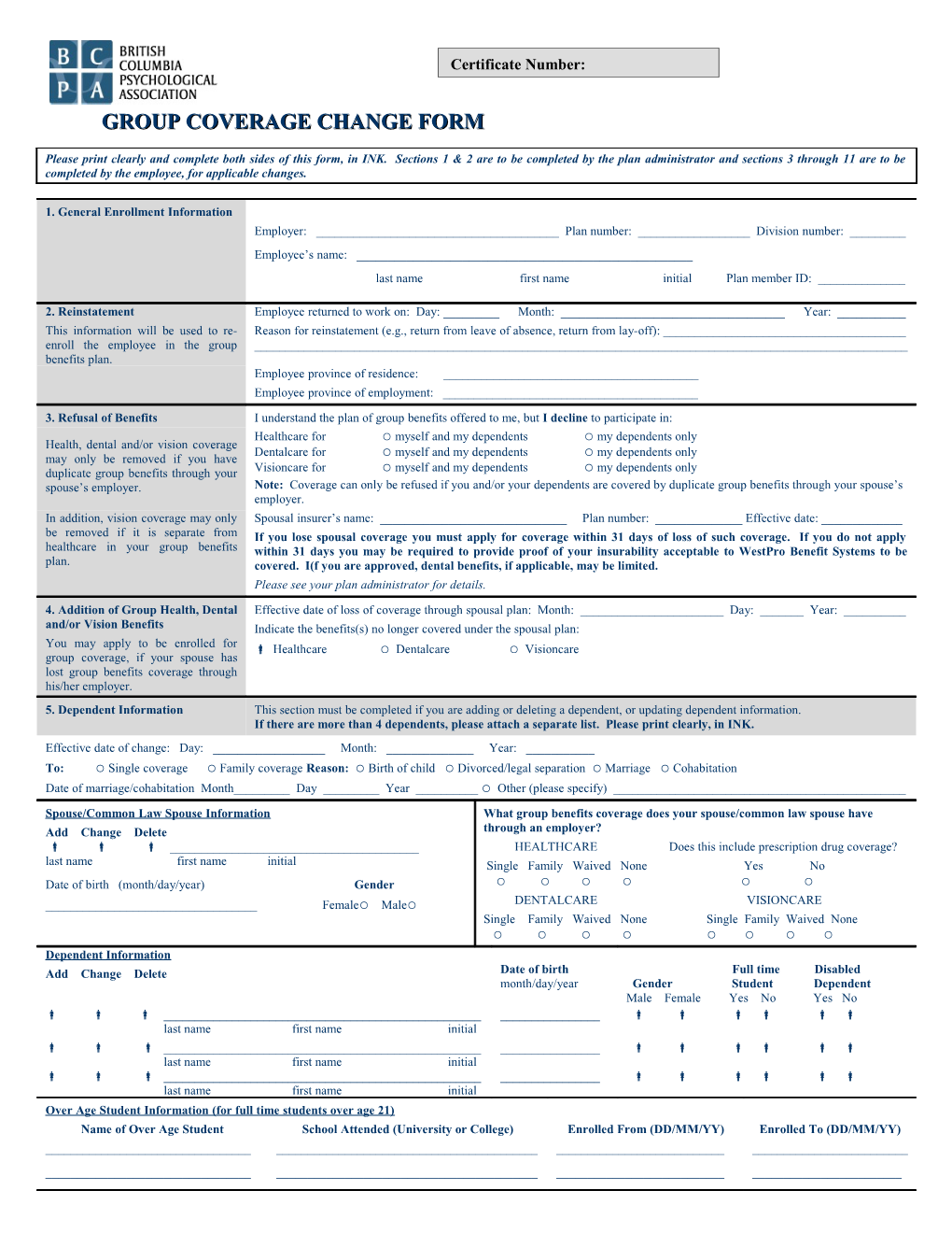 Group Coverage Change Form