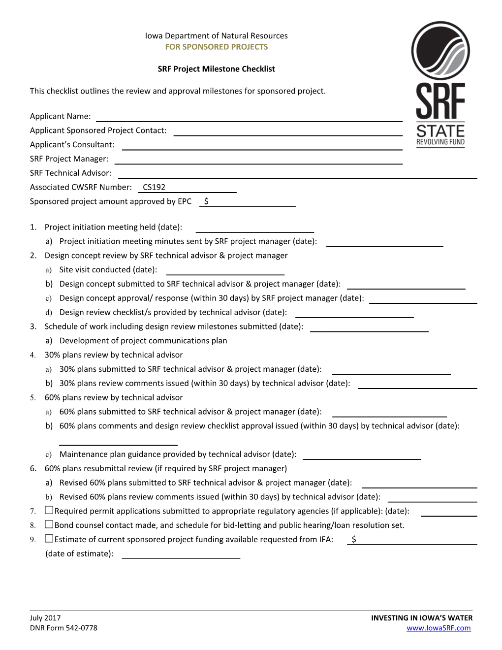 SRF Project Milestone Checklist