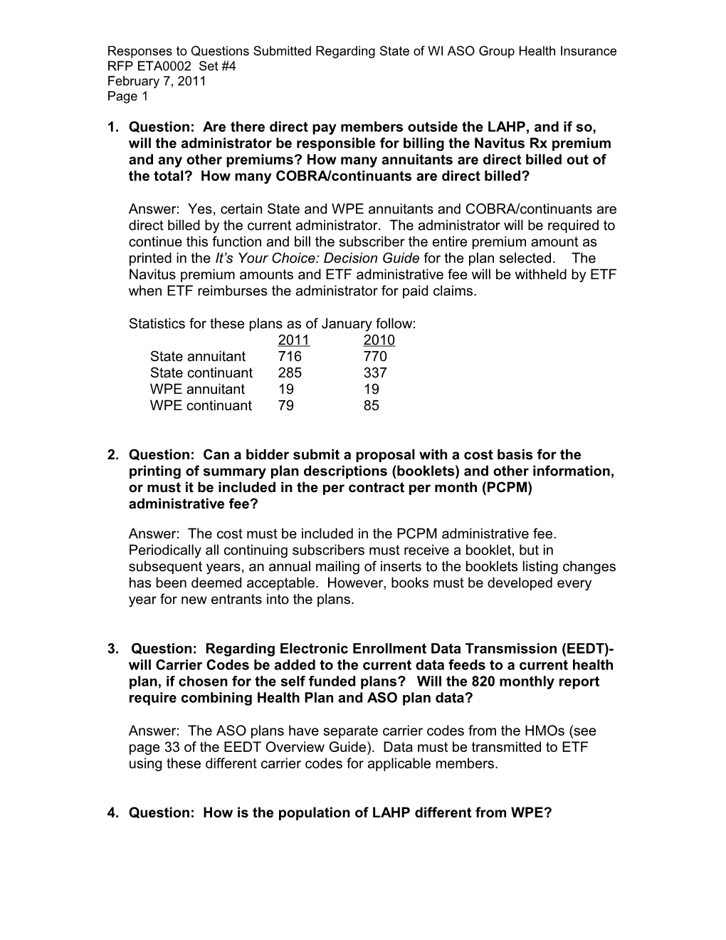 Responses to Questions Submitted Regarding State of WI ASO Group Health Insurance