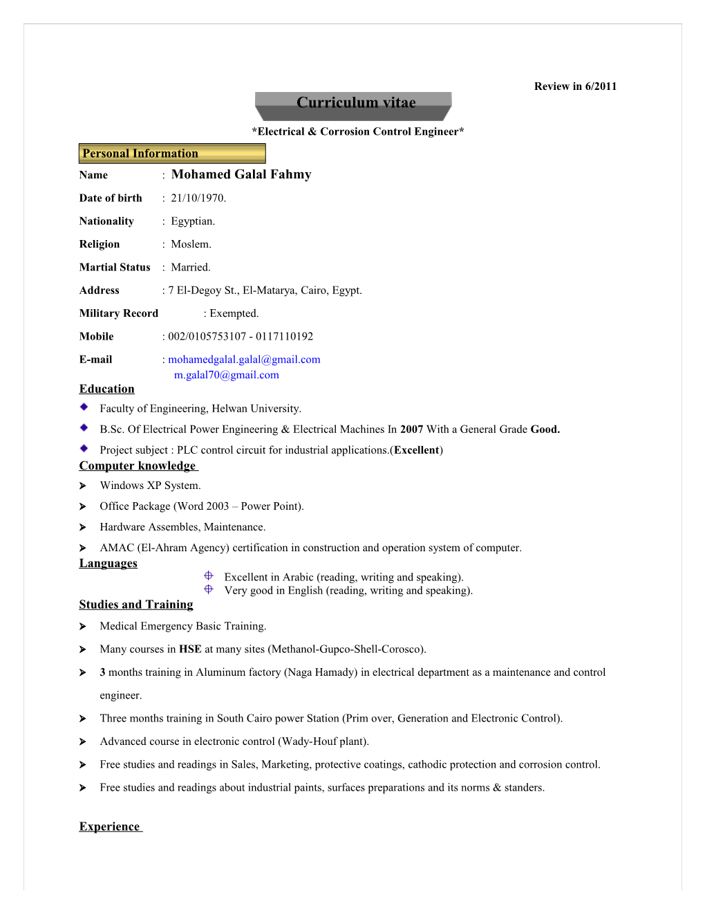 *Electrical & Corrosion Control Engineer*