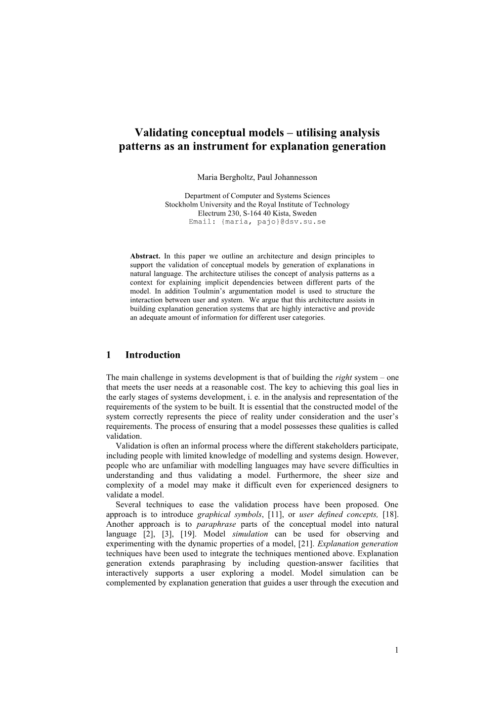Validating Conceptual Models Utilising Analysis Patterns As an Instrument for Explanation