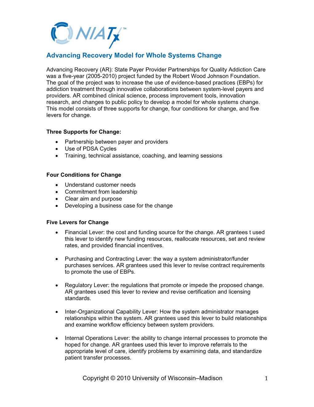 Advancing Recovery Model for Whole Systems Change