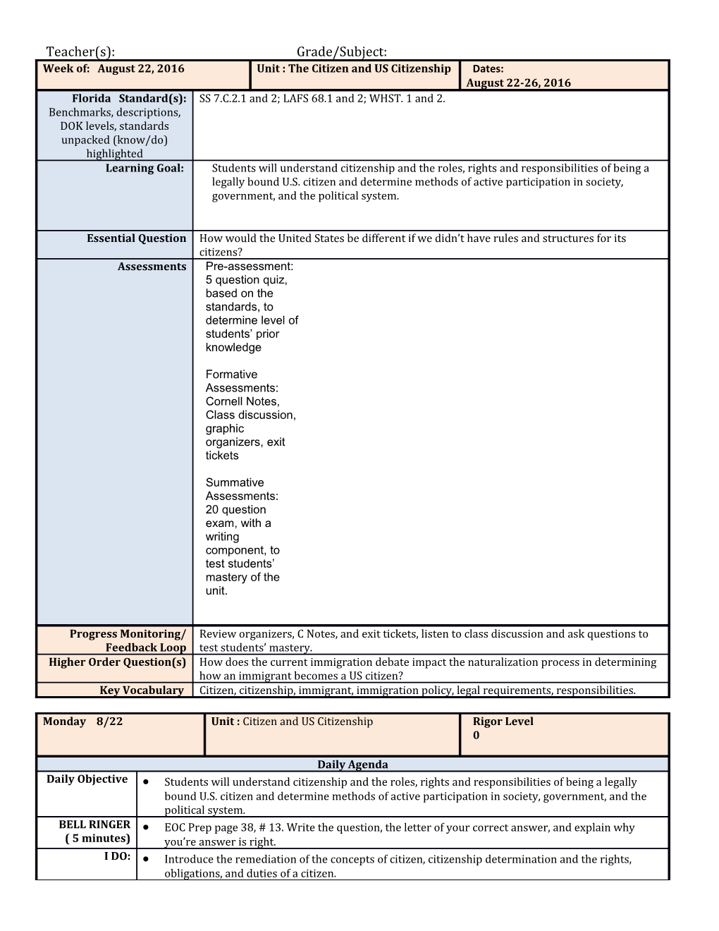 Teacher(S):Grade/Subject