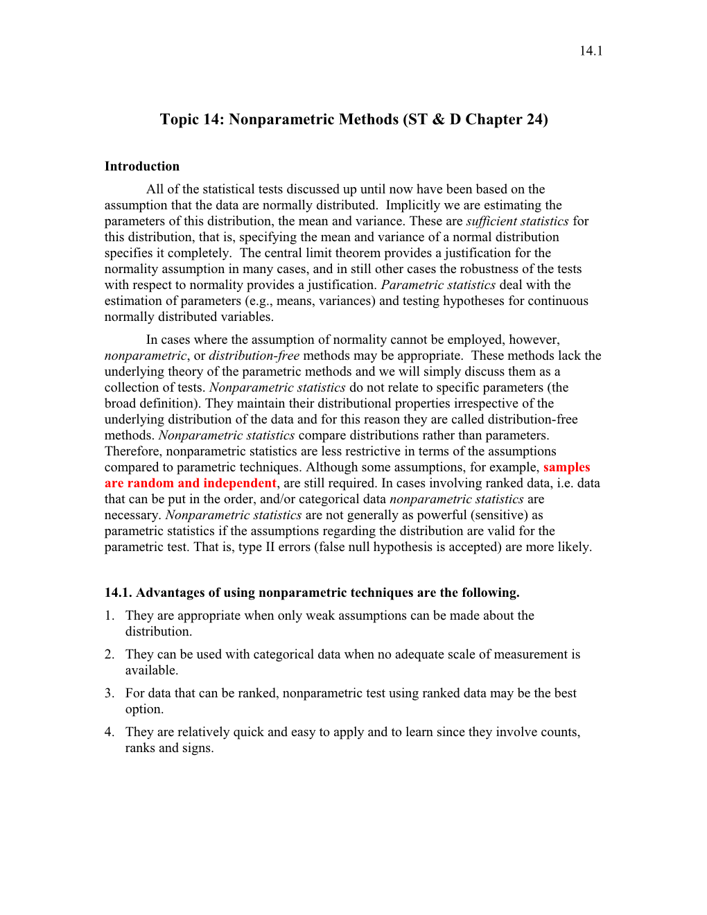 Topic 14: Nonparametric Methods (ST & D Chapter 24)