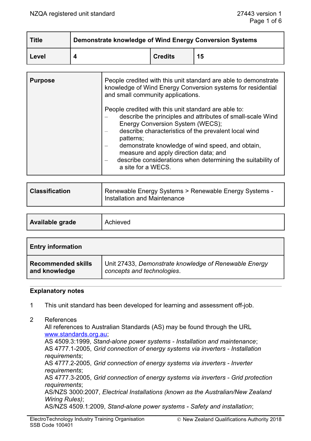 27443 Demonstrate Knowledge of Wind Energy Conversion Systems