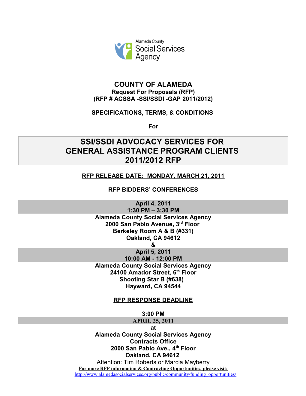 Ssi/Ssdi Advocacy Services for General Assistance Program Clients 2011/2012 Rfp
