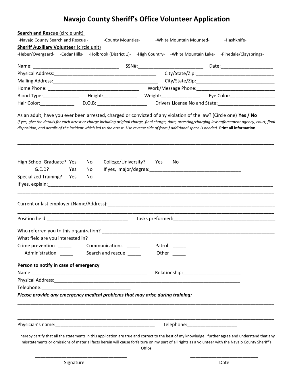 Navajo County Sheriff S Office Volunteer Application
