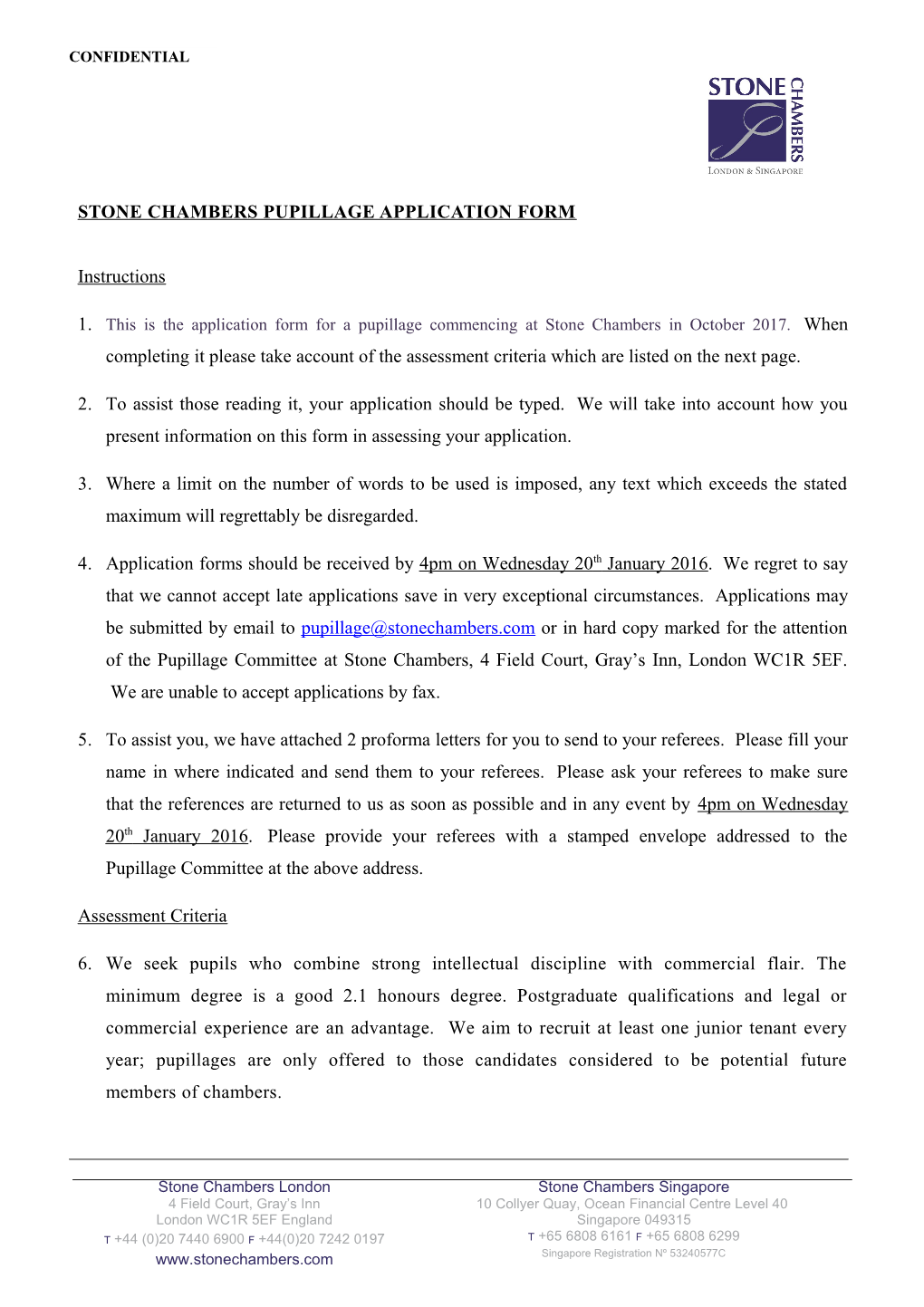 Stone Chambers Pupillage Application Form