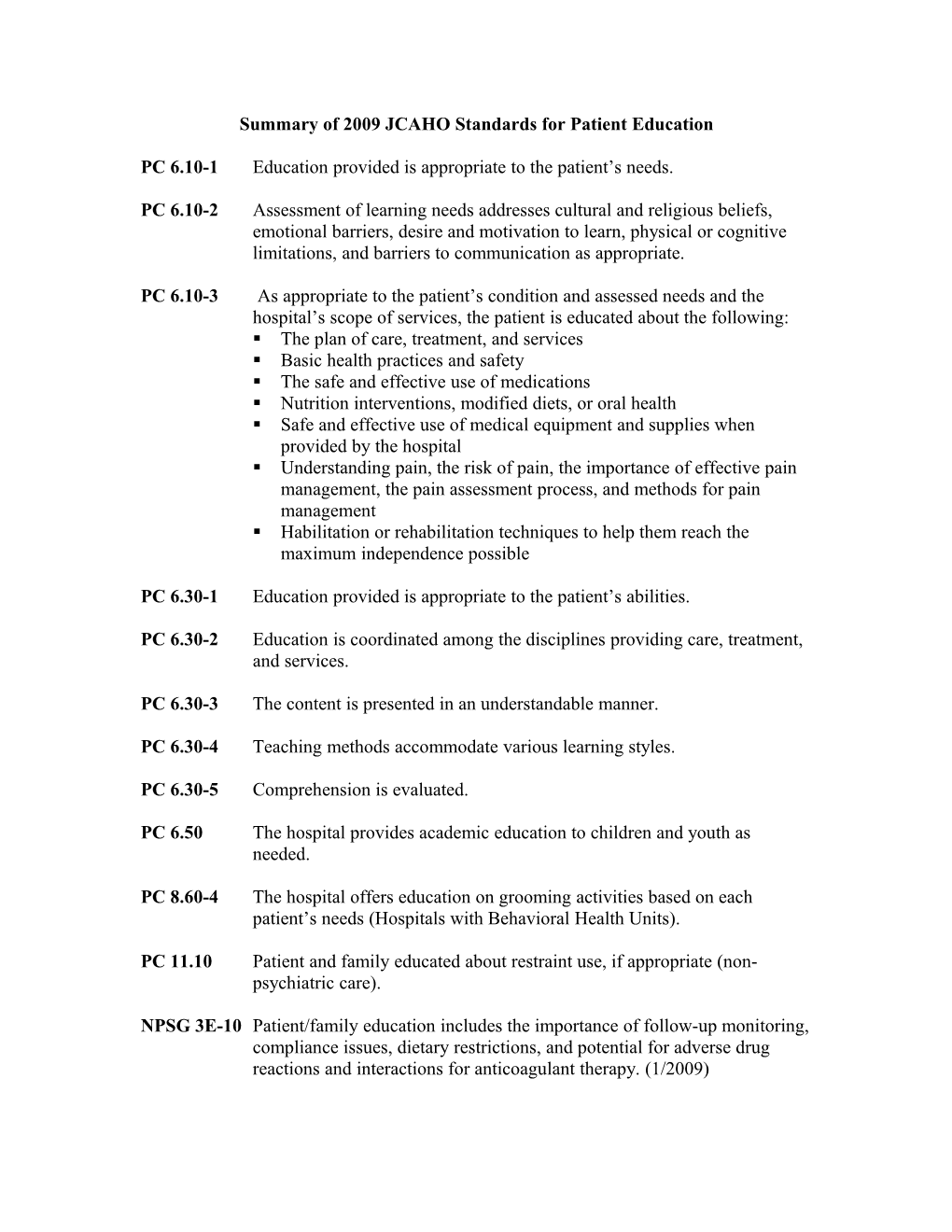 Summary of 2008 JCAHO Standards for Patient Education