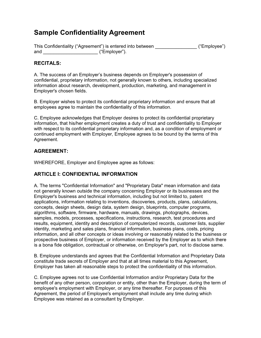 Sample Confidentiality Agreement