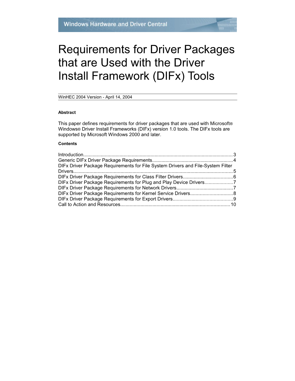 Requirements for Driver Packages That Are Used with the Driver Install Framework (Difx) Tools