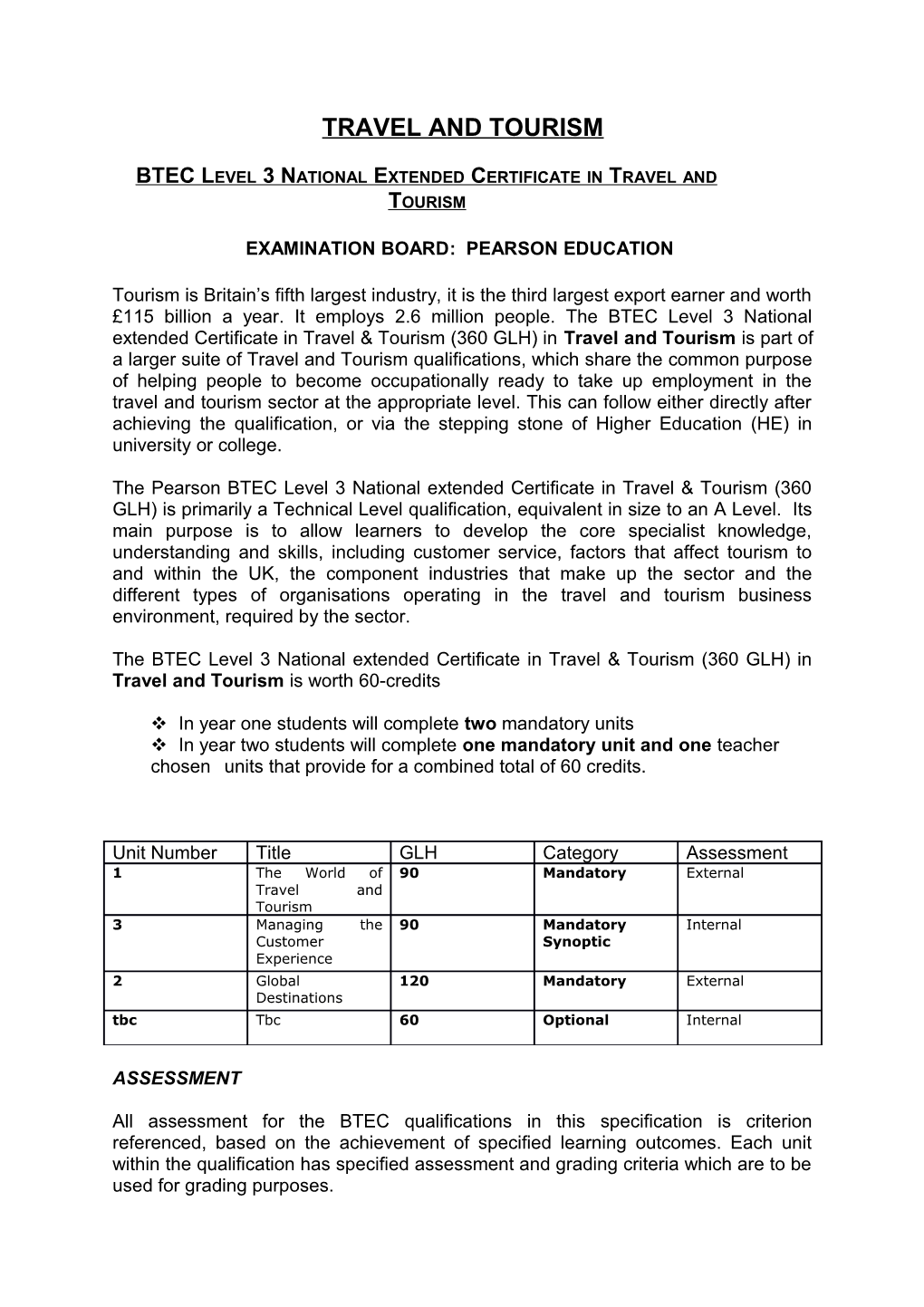 BTEC Level 3 National Extended Certificate in Travel and Tourism