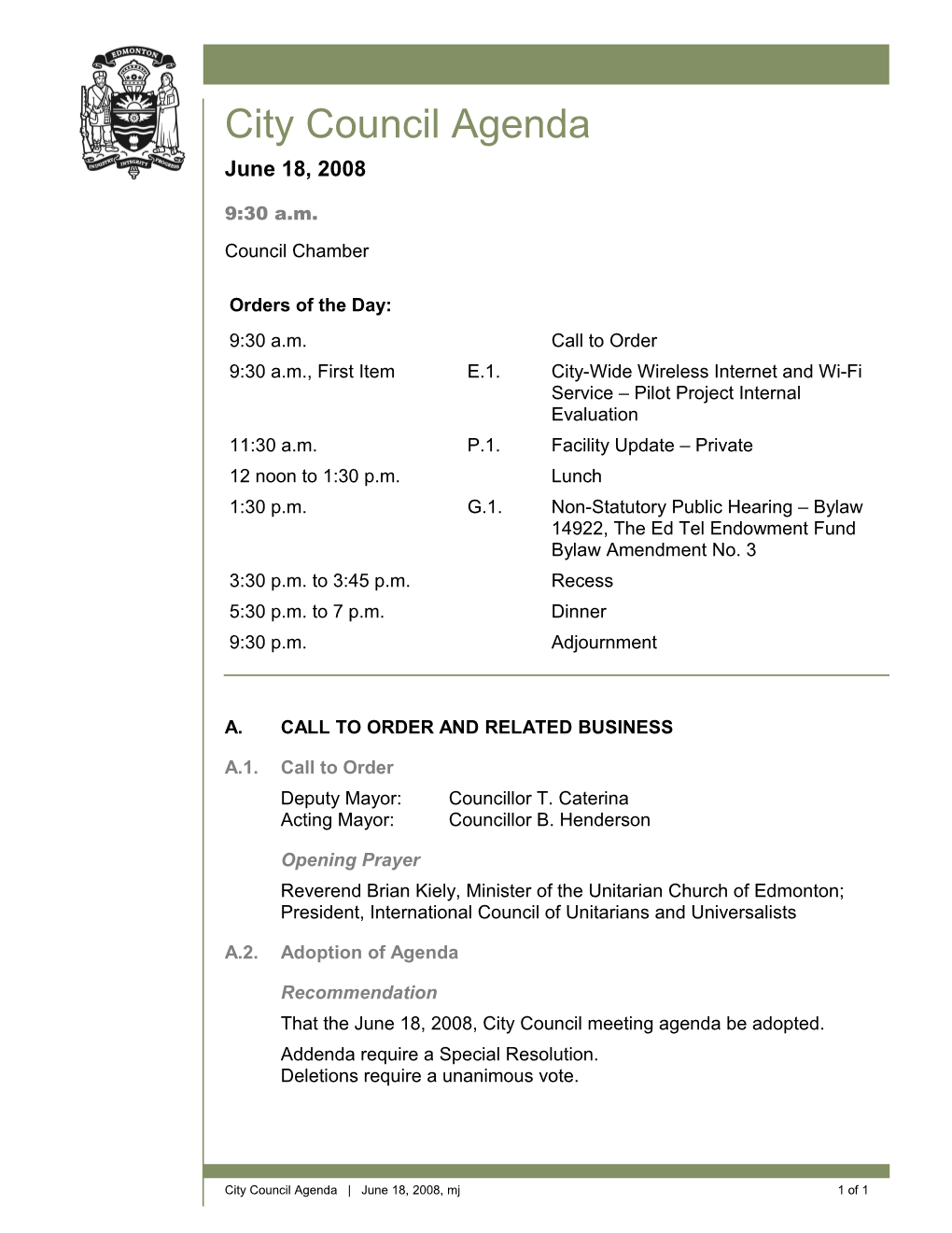 Agenda for City Council June 18, 2008 Meeting