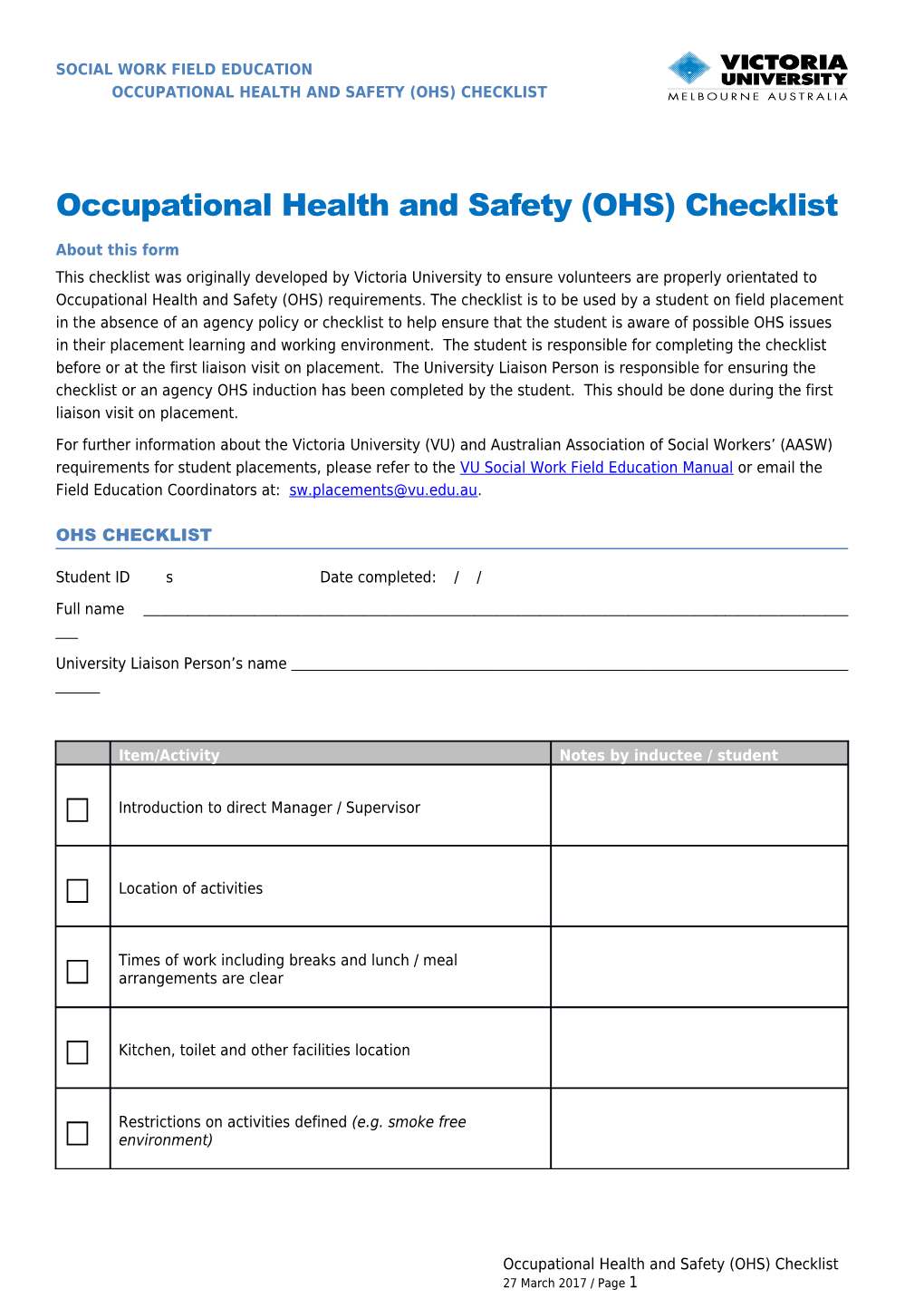 Social Work Field Educationoccupational Health and Safety (Ohs) Checklist