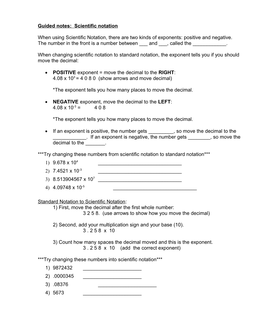 Guided Notes: Scientific Notation