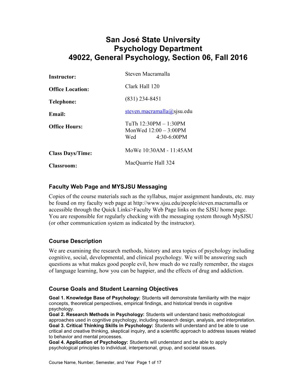 San José State Universitypsychology Department49022, General Psychology, Section 06, Fall 2016