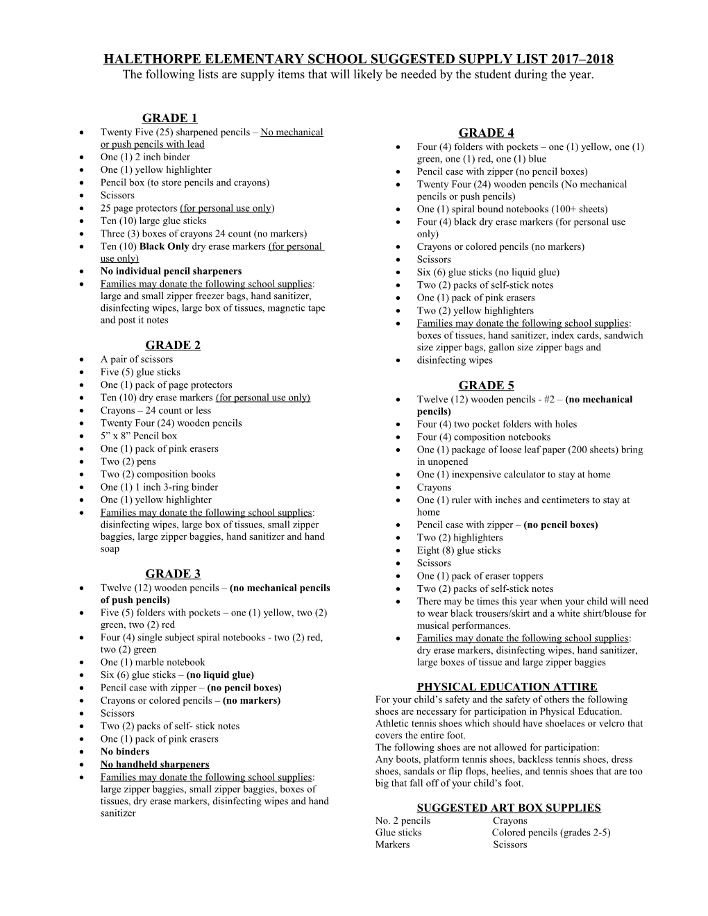 Halethorpe Elementary School Supply List 2003-2004