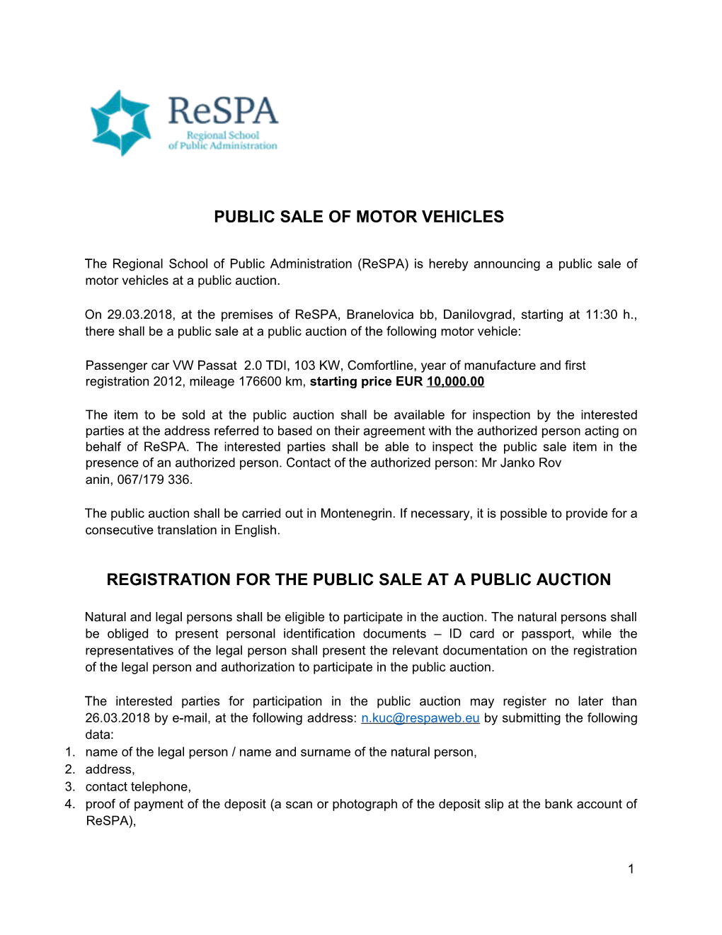Public Sale of Motor Vehicles