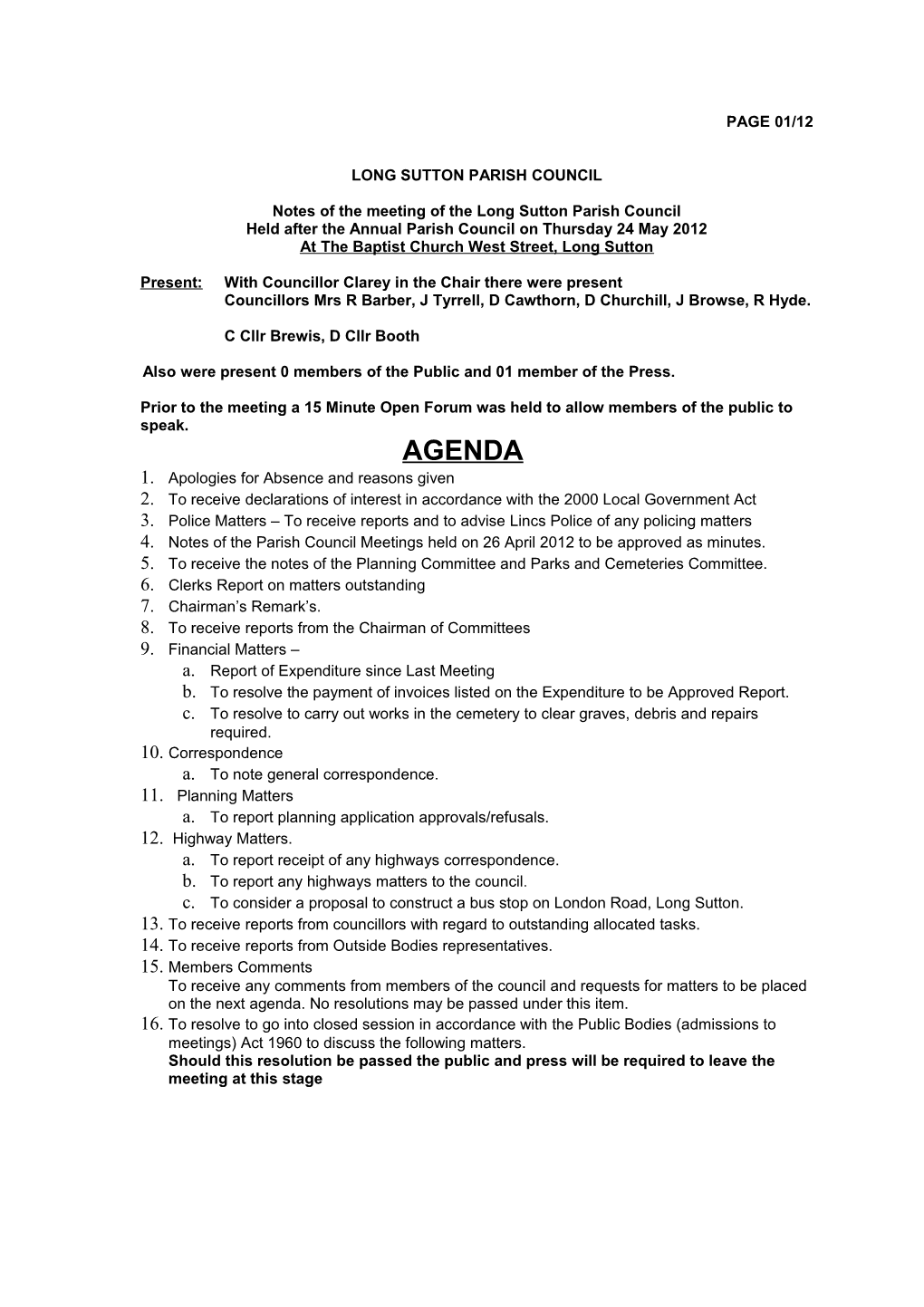 Notes of the Meeting of the Long Sutton Parish Council