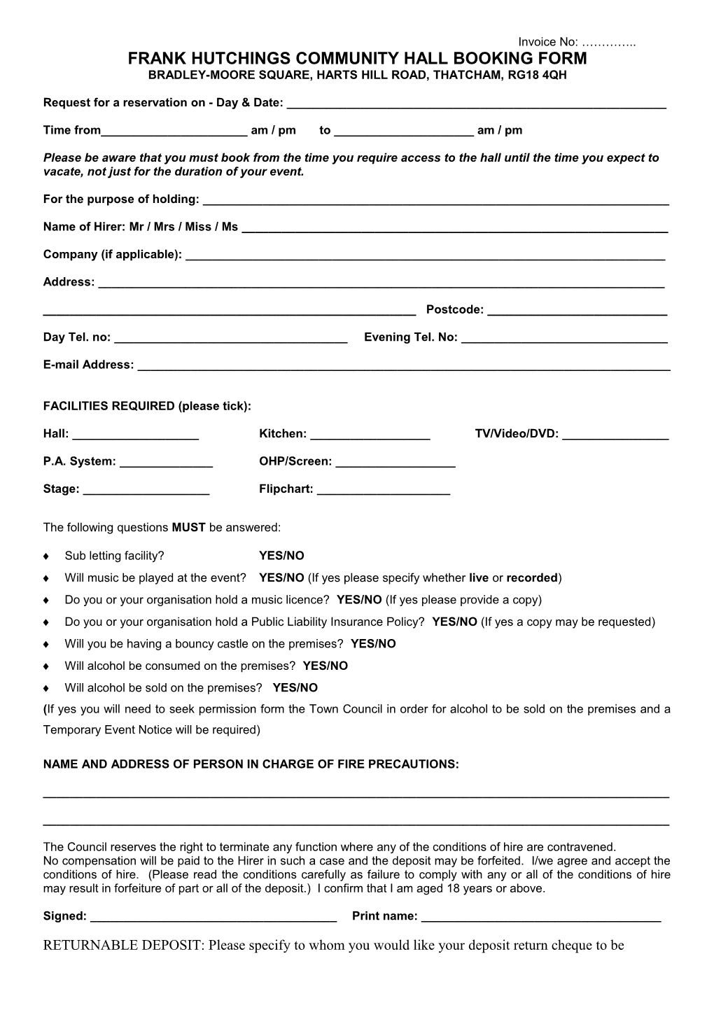 Frank Hutchings Community Hall Booking Form