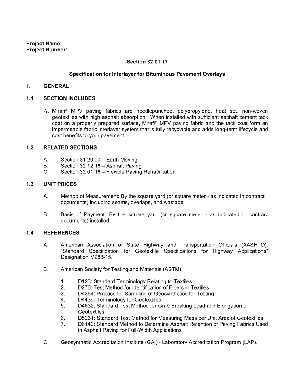 Specification for Interlayer for Bituminous Pavement Overlays