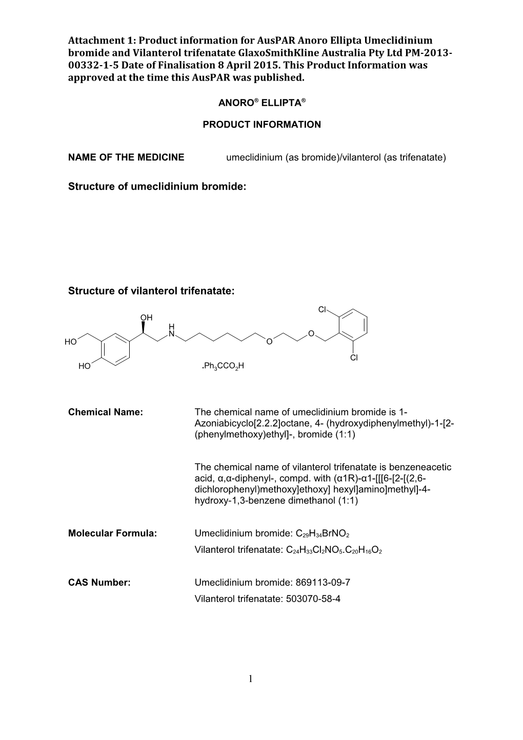 Auspar Attachment 1: Product Information for Umeclidinium Bromide and Vilanterol Trifenatate