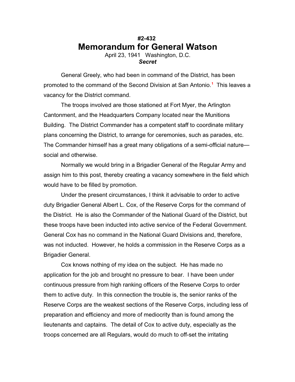 Memorandum for General Watson