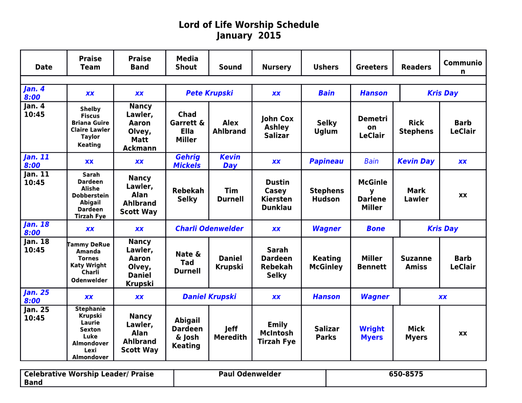 Lord of Life Worship Schedule