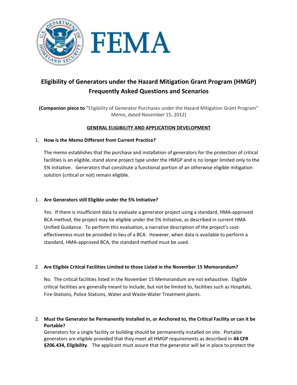 Eligibility of Generators Under the Hazard Mitigation Grant Program (HMGP)