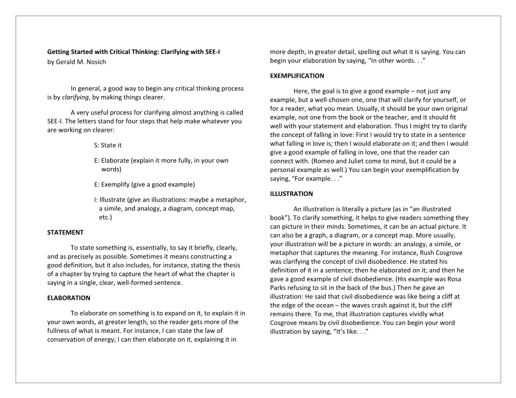 Getting Started with Critical Thinking: Clarifying with SEE-I by Gerald M. Nosich